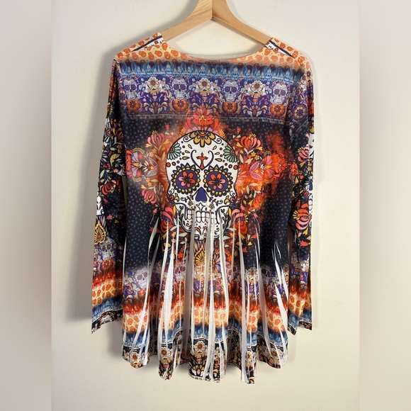 One World Tunic Top XL Sugar Skull Rhinestone Halloween 3/4 Sleeve Fall High Low - Picture 9 of 11